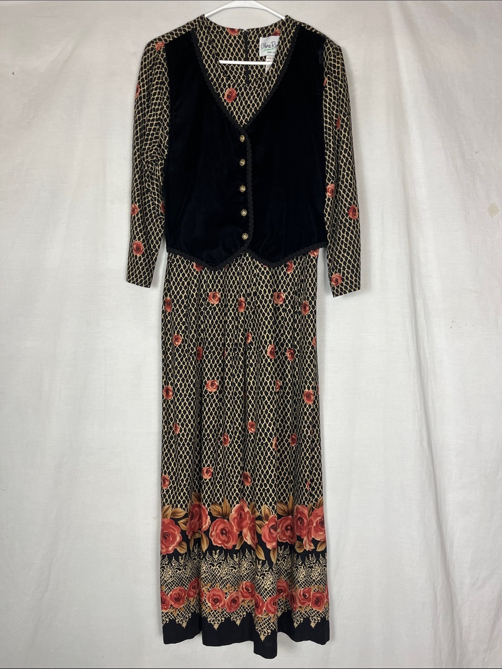 Vintage Olivia Rose New York 90s Black Rose Velvet Vest Maxi Dress